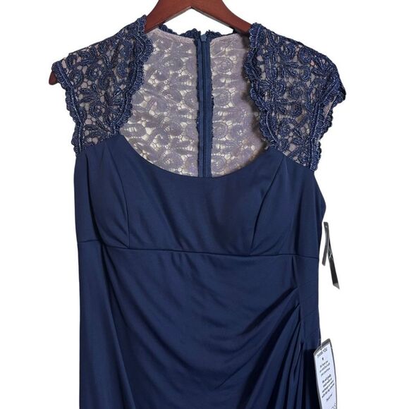 Xscape Stand-Collar Illusion Back Navy Blue Formal Gown Size 16W Ruched Lace NEW - Picture 3 of 16